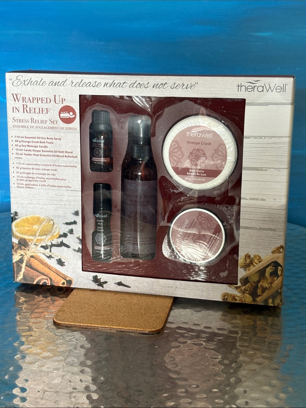 NWT theraWell Stress Relief Gift Set Essential Oil Bath Bomb & Body Candle